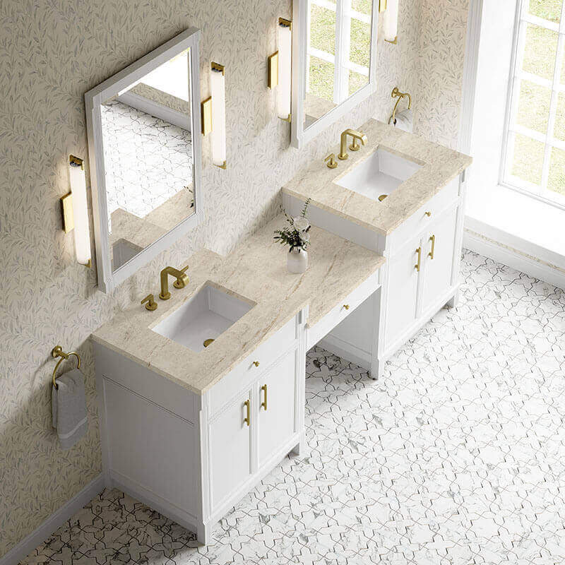 Bellshire 84 Inch Dual Vanity With 24 Inch Make-Up Counter Bright White in Tajnar Eclos Top