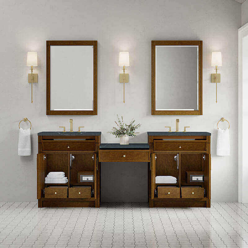 Bellshire 84 Inch Dual Vanity With 24 Inch Make-Up Counter Honey Oak in Charcoal Soapstone Silestone Top Front View