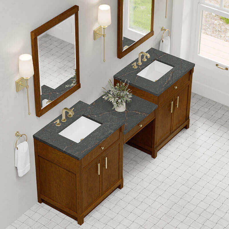 Bellshire 84 Inch Dual Vanity With 24 Inch Make-Up Counter Honey Oak in Parisien Bleu Silestone Top