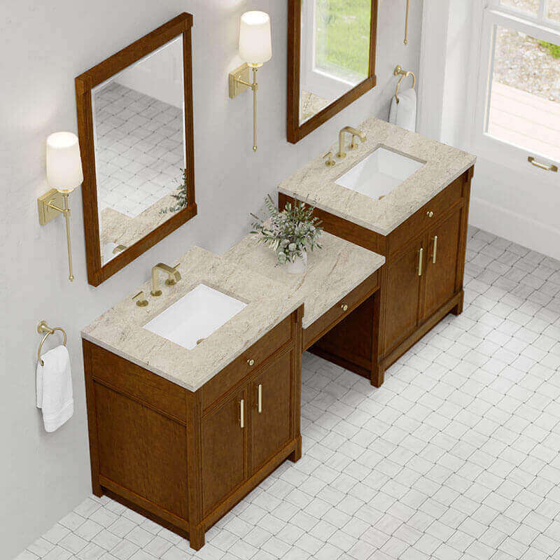 Bellshire 84 Inch Dual Vanity With 24 Inch Make-Up Counter Honey Oak in Tajnar Eclos Top
