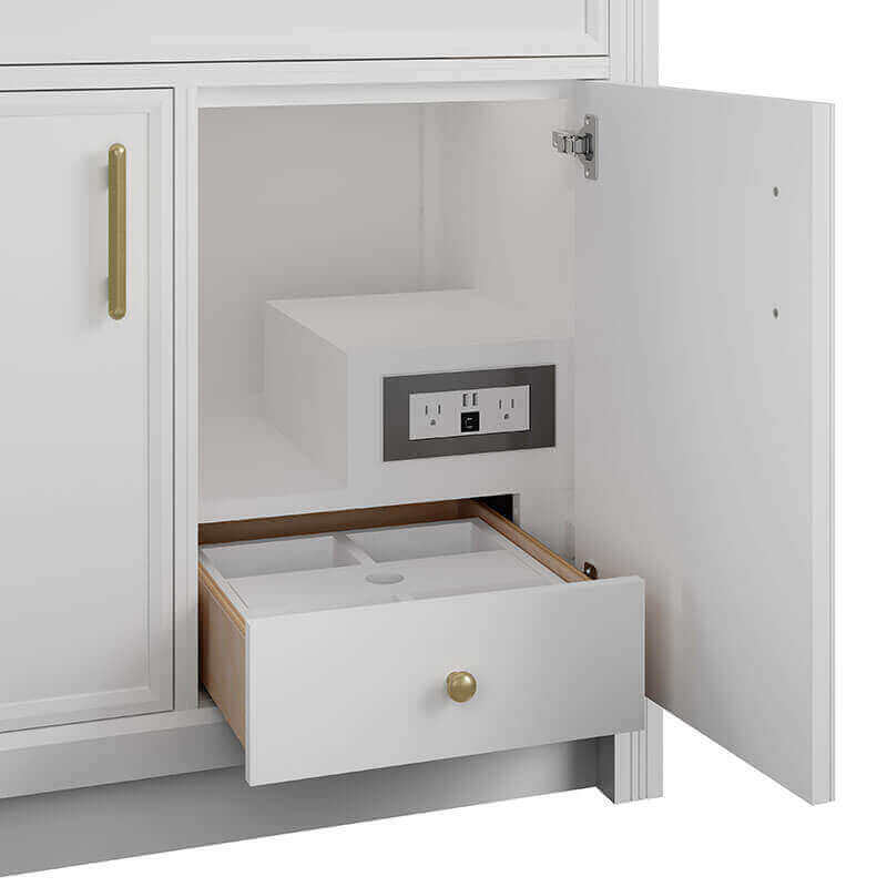 Bellshire 96 Dual Vanity With 24 Make-Up Counter Bright White in Single Hole Faucet White Zeus Silestone Top & Backsplash Integrated Outlet