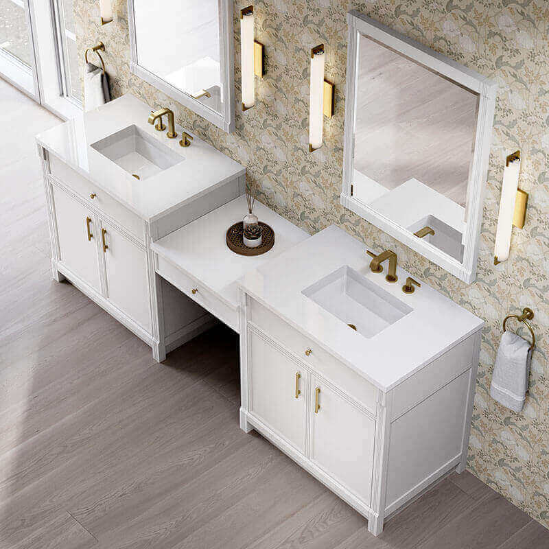 Bellshire 96 Dual Vanity With 24 Make-Up Counter Bright White in White Zeus Silestone Top