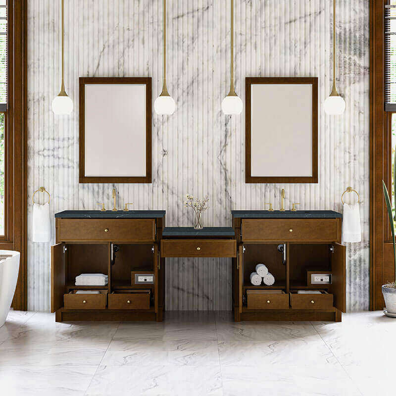 Bellshire 96 Dual Vanity With 24 Make-Up Counter Honey Oak in Charcoal Soapstone Silestone Top Front View