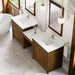 Bellshire 96 Dual Vanity With 24 Make-Up Counter Honey Oak in Single Hole Faucet White Zeus Silestone Top & Backsplash