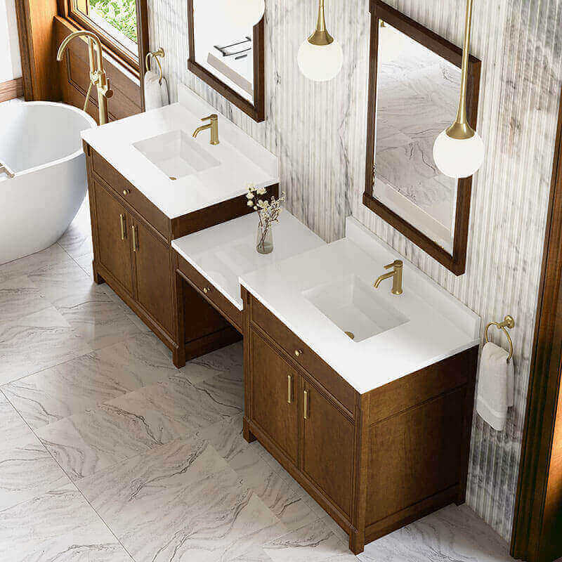 Bellshire 96 Dual Vanity With 24 Make-Up Counter Honey Oak in Single Hole Faucet White Zeus Silestone Top & Backsplash