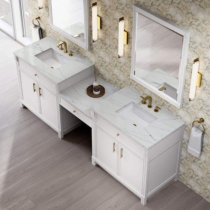 Bellshire 96 Inch Dual Vanity With 24 Inch Make-Up Counter Bright White in Ethereal Noctis Top