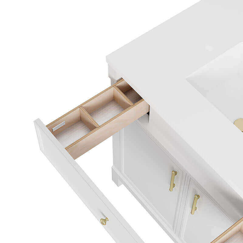 Bellshire 96 Inch Dual Vanity With 24 Inch Make-Up Counter Bright White in Single Hole Faucet White Zeus Silestone Top & Backsplash Adjustable Drawer Dividers