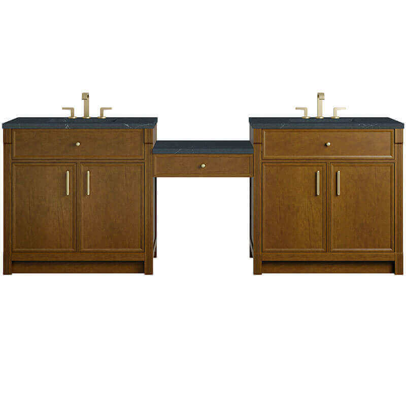Bellshire 96 Inch Dual Vanity With 24 Inch Make-Up Counter Honey Oak in Charcoal Soapstone Silestone Top Front View
