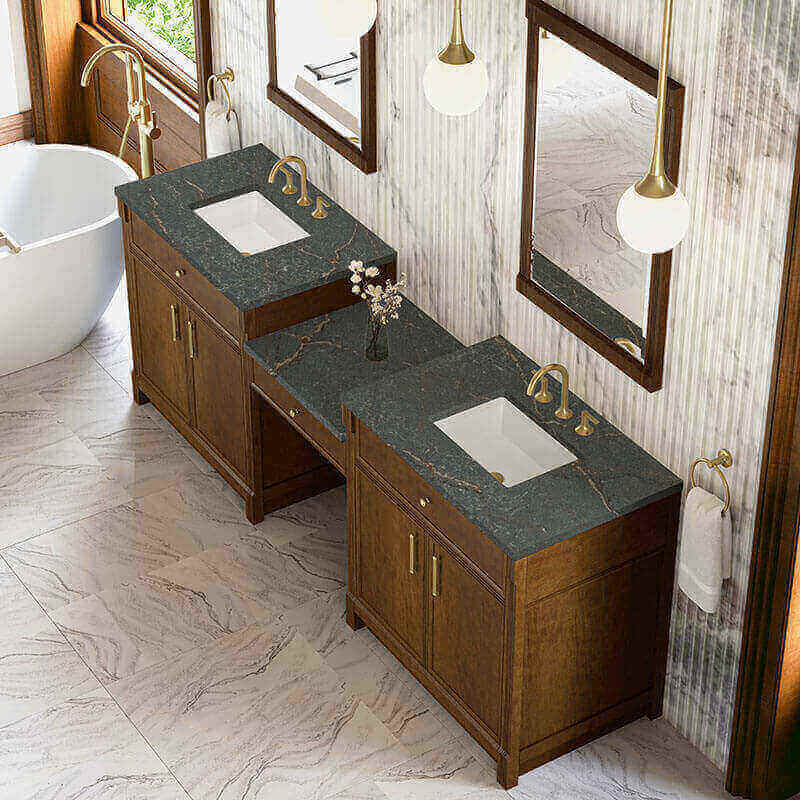 Bellshire 96 Inch Dual Vanity With 24 Inch Make-Up Counter Honey Oak in Parisien Bleu Silestone Top