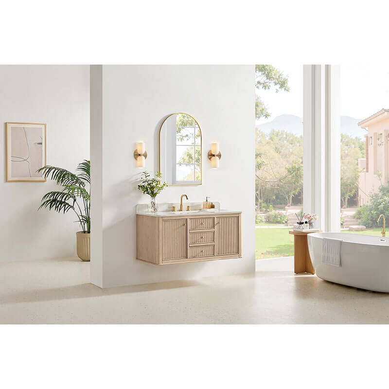 Blaise 48 Inch Single Bathroom Vanity with Top Light Oak Corner View