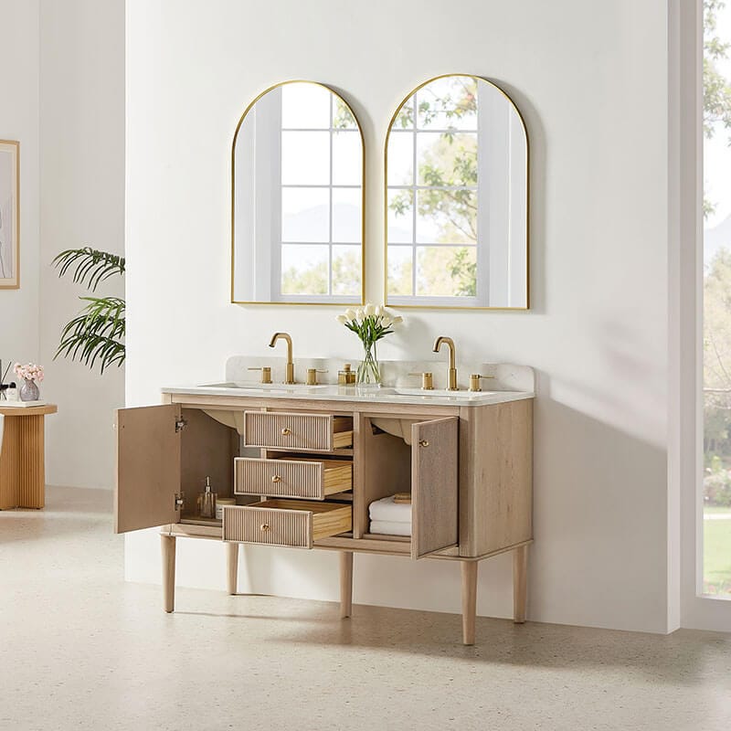 Blaise 54 inch Double Bathroom Vanity with Top Light Oak Open Drawer