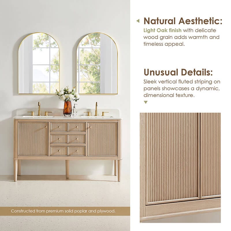Blaise 60 Double Bathroom Vanity with Top Light Oak Front View Detail