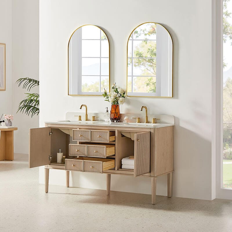 Blaise 60 inch Double Bathroom Vanity with Top Light Oak Open Drawer