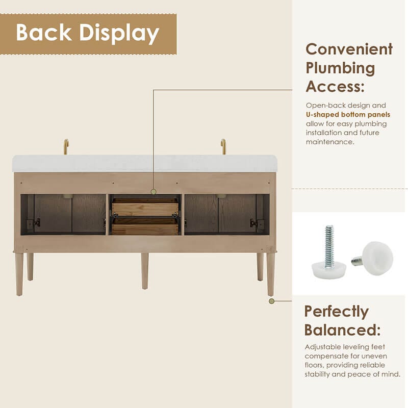 Blaise 72 Double Bathroom Vanity with Top Light Oak Back View