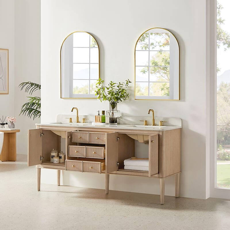 Blaise 72 inch Double Bathroom Vanity with Top Light Oak Open Drawer