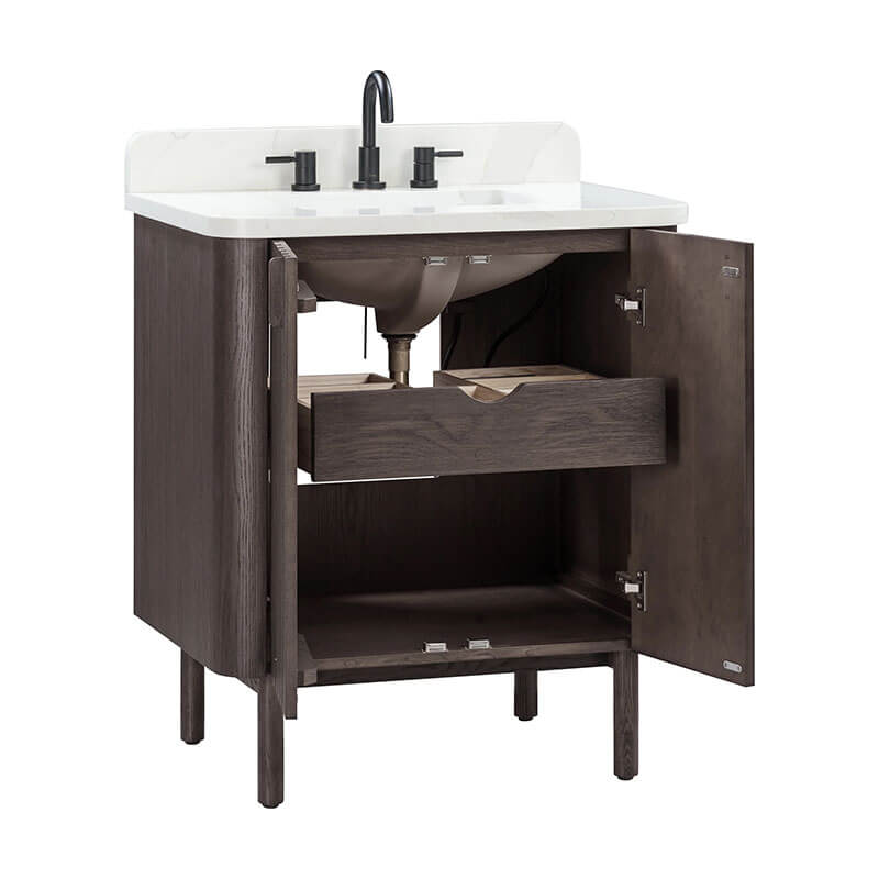 Blakely 30 inch Single Sink Bathroom Vanity Brown Oak in Calacatta Quartz Open Drawer