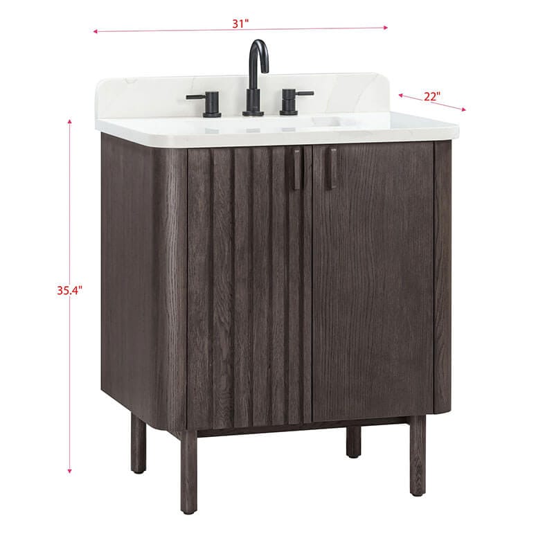 Blakely 30 Single Sink Bathroom Vanity Brown Oak in Calacatta Quartz Corner View