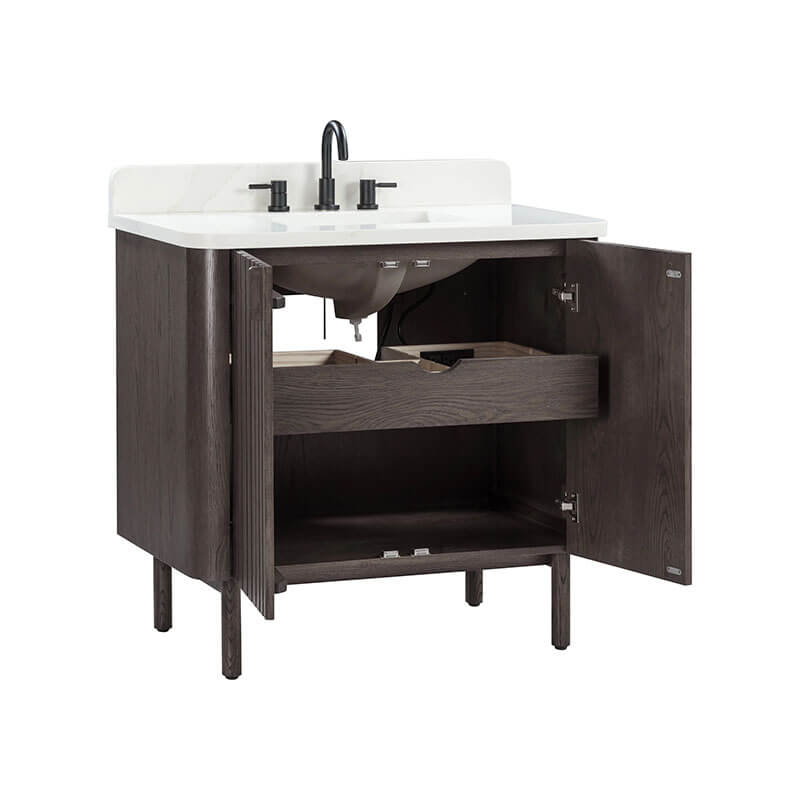 Blakely 36 inch Single Sink Bathroom Vanity Brown Oak in Calacatta Quartz Open Door