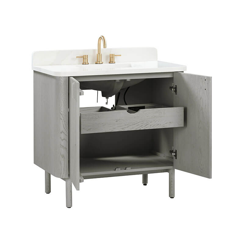 Blakely 36 inch Single Sink Bathroom Vanity Gray Oak in Calacatta Quartz Open Drawer