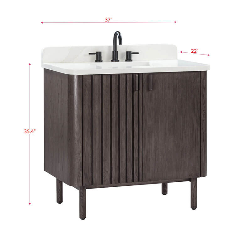 Blakely 36 Single Sink Bathroom Vanity Brown Oak in Calacatta Quartz Corner View