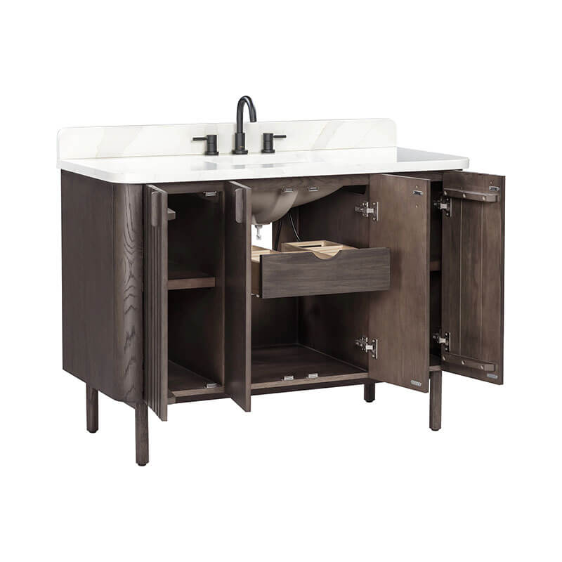Blakely 48 inch Single Sink Bathroom Vanity Brown Oak in Calacatta Quartz Open Drawer