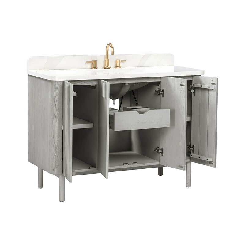 Blakely 48 inch Single Sink Bathroom Vanity Gray Oak in Calacatta Quartz Open Drawer