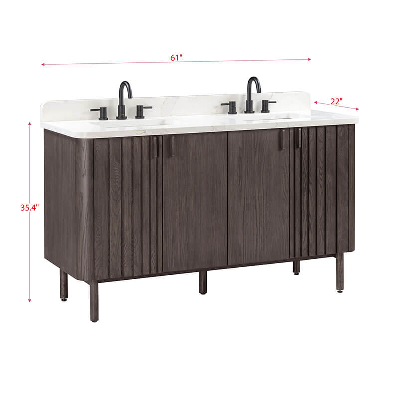Blakely 60 Double Sink Bathroom Vanity Brown Oak in Calacatta Quartz Corner View