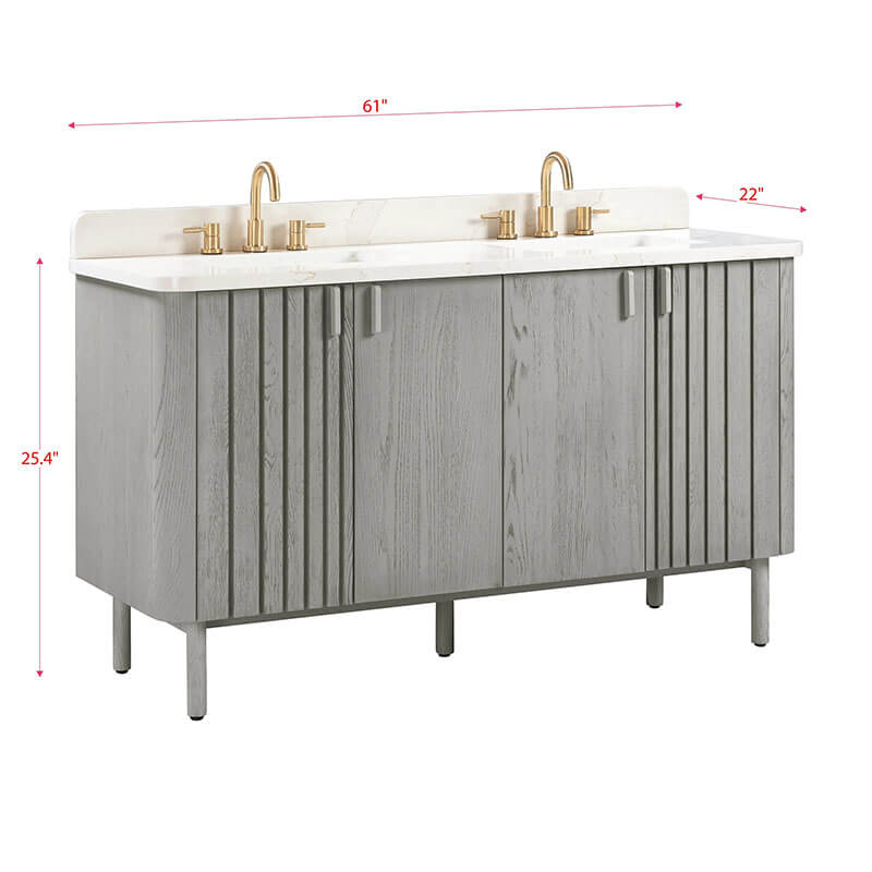 Blakely 60 Double Sink Bathroom Vanity Gray Oak in Calacatta Quartz Corner View