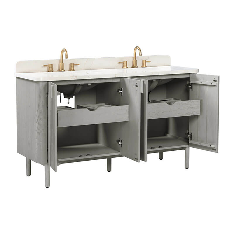 Blakely 60 inch Double Sink Bathroom Vanity Gray Oak in Calacatta Quartz Open Drawer