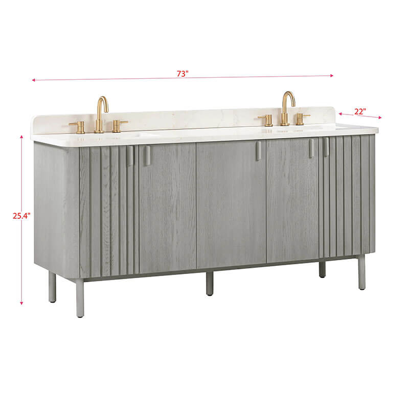 Blakely 72 Double Sink Bathroom Vanity Gray Oak in Calacatta Quartz Corner View
