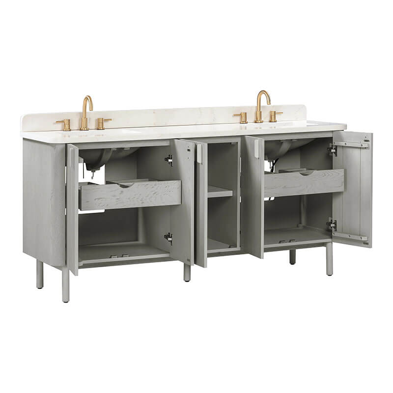 Blakely 72 inch Double Sink Bathroom Vanity Gray Oak in Calacatta Quartz Corner View