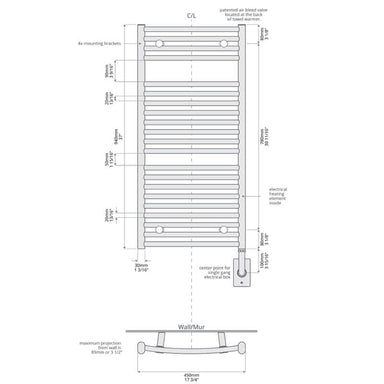 Blenheim 17.5" x 37" Towel Warmer Technical Drawing