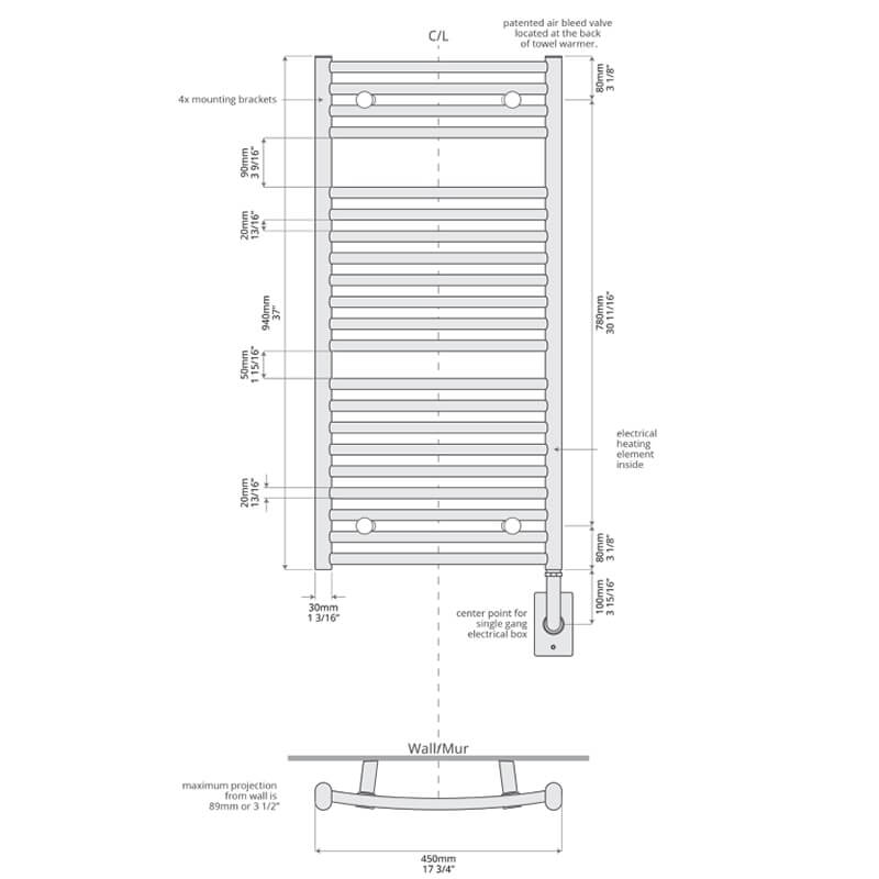 Blenheim 17.5" x 37" Towel Warmer Technical Drawing