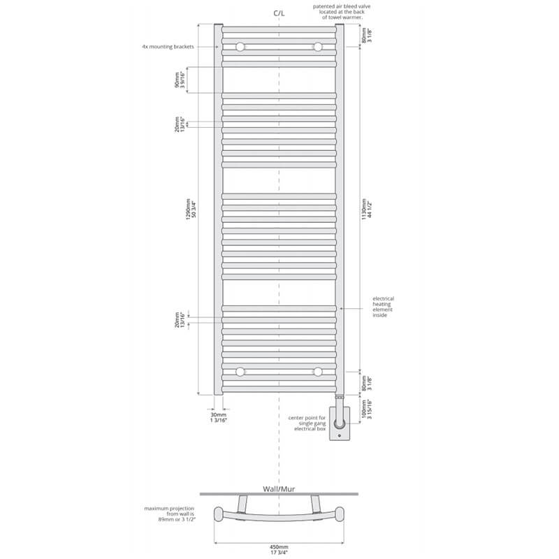 Blenheim 17.5" x 51" Towel Warmer Hardwired Technical Drawing