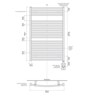 Blenheim 23.5" x 37" Towel Warmer Technical Drawing Hardwired