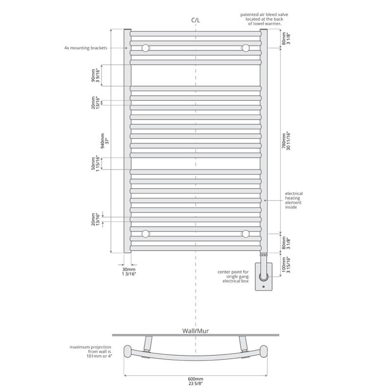 Blenheim 23.5" x 37" Towel Warmer Technical Drawing Hardwired