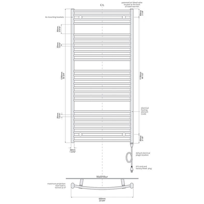 Blenheim 23.5" x 51" Towel Warmer Plug in Technical Drawing