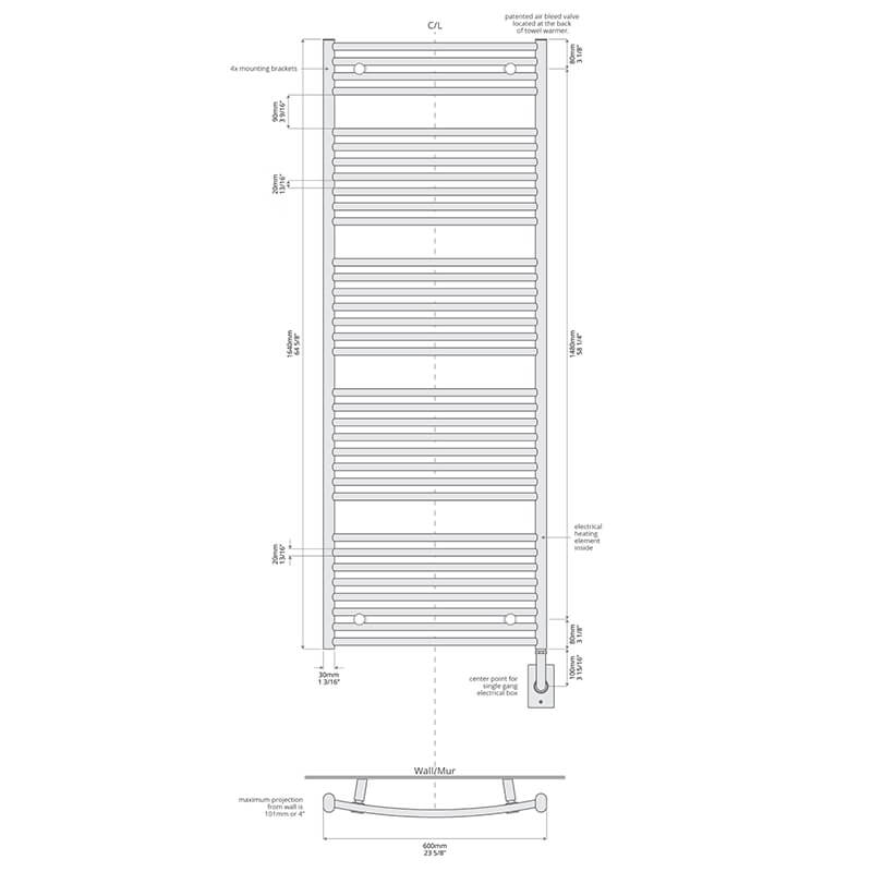 Blenheim 23.5 x 64.5 Inch Towel Warmer Technical Drawings Hardwired