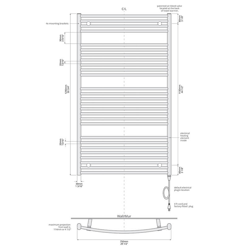 Blenheim 29.5" x 51" Towel Warmer Plug in Techinical Drawings