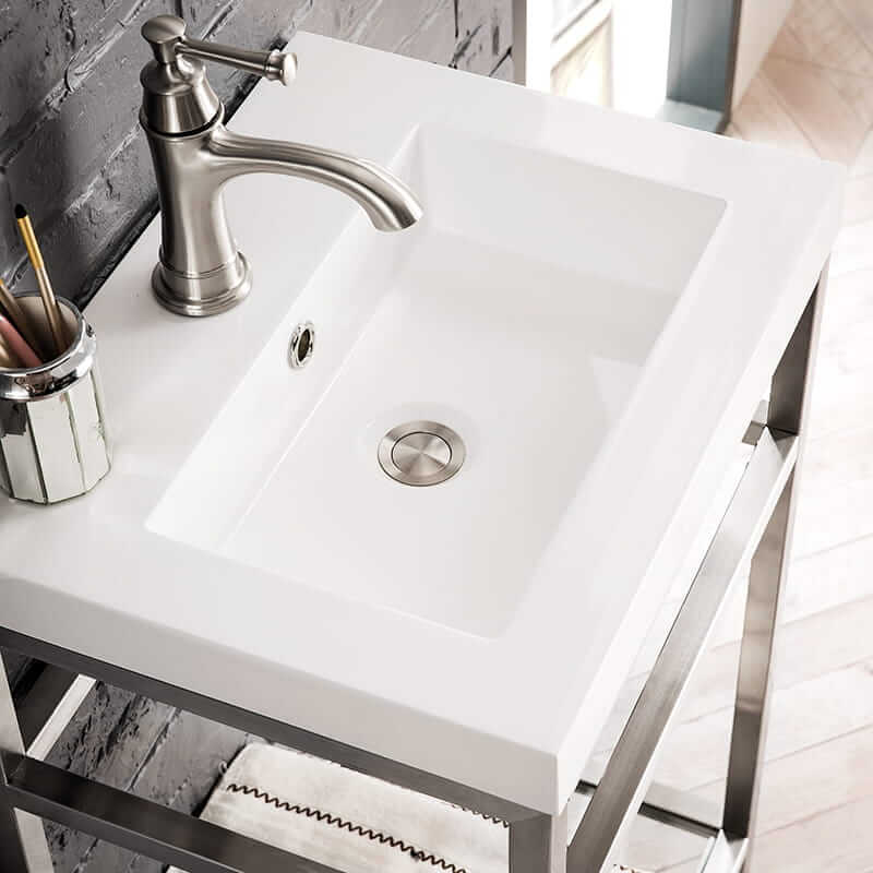 Boston 20 Inch Single Console Vanity in Brushed Nickel With White Glossy Composite Stone Top Top View