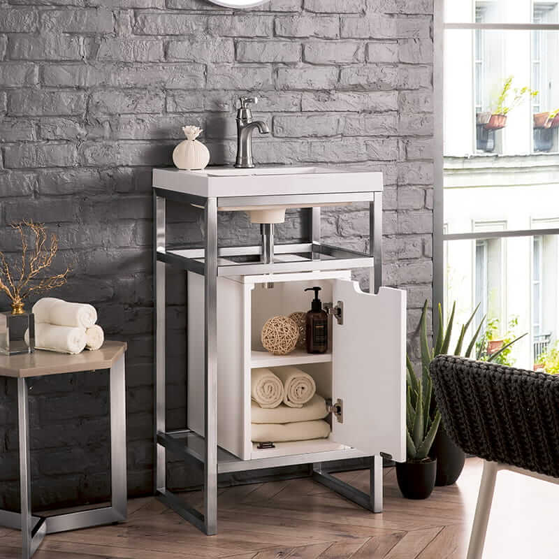 Boston 20 Inch Single Console Vanity in Brushed Nickel With White Glossy Composite Stone Top With Storage Corner View Open Cabinet