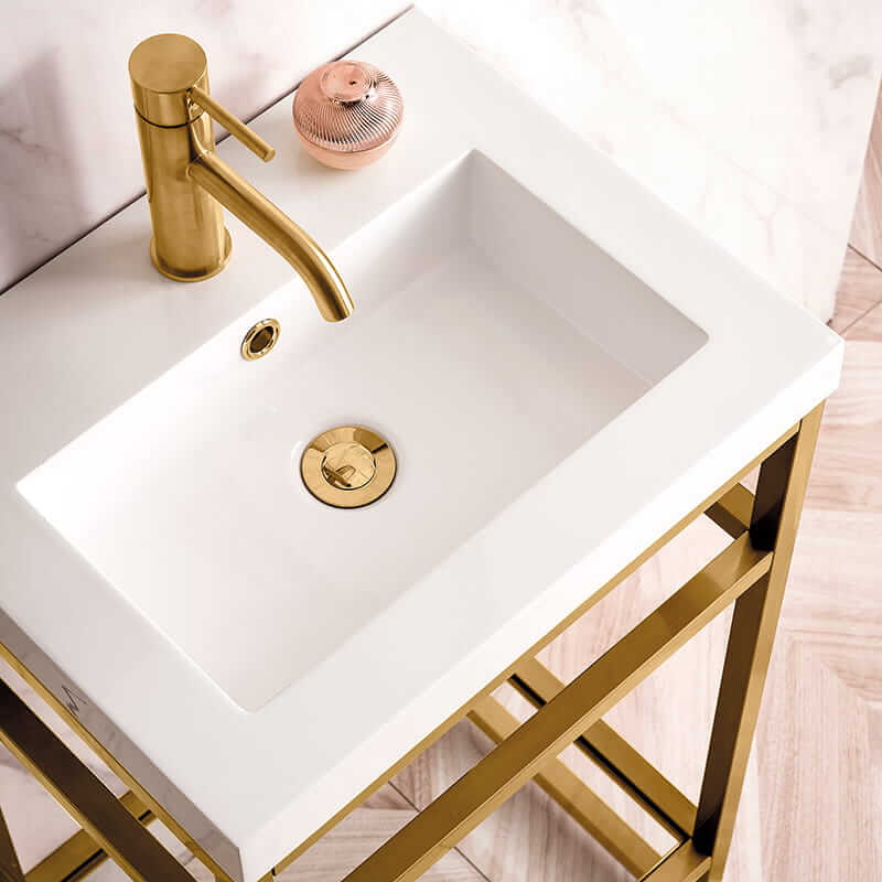 Boston 20 Inch Single Console Vanity in Radiant Gold With White Glossy Composite Stone Top Top View