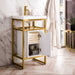 Boston 20 Inch Single Console Vanity in Radiant Gold With White Glossy Composite Stone Top With Storage Corner View Open Door