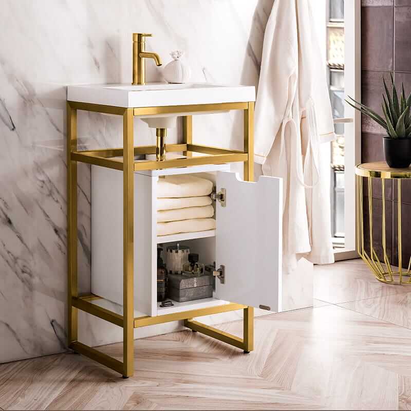Boston 20 Inch Single Console Vanity in Radiant Gold With White Glossy Composite Stone Top With Storage Corner View Open Door