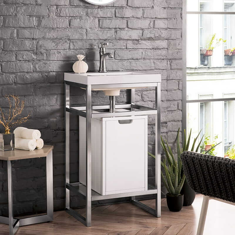 Boston 20" Single Console Vanity in Brushed Nickel With White Glossy Composite Stone Top With Storage Corner View