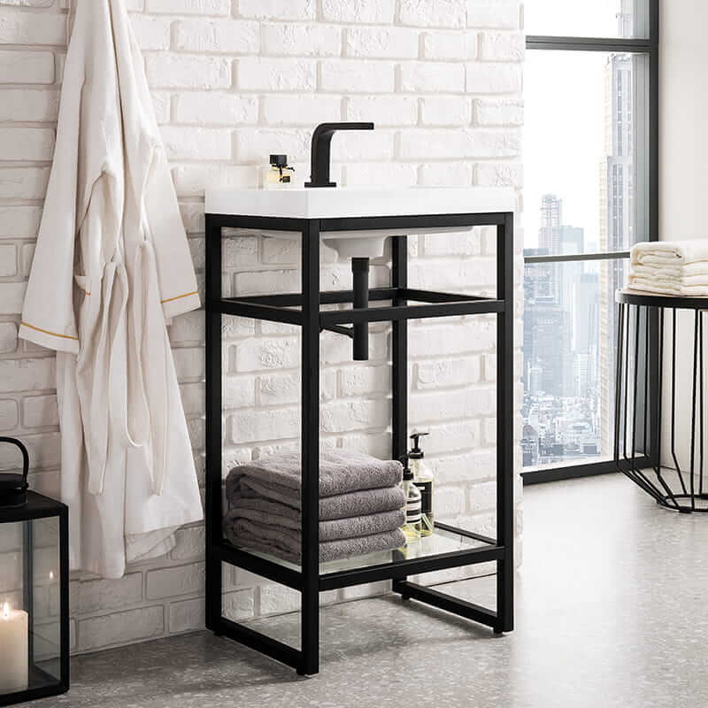 Boston 20" Single Console Vanity in Matte Black With White Glossy Composite Stone Top Corner View