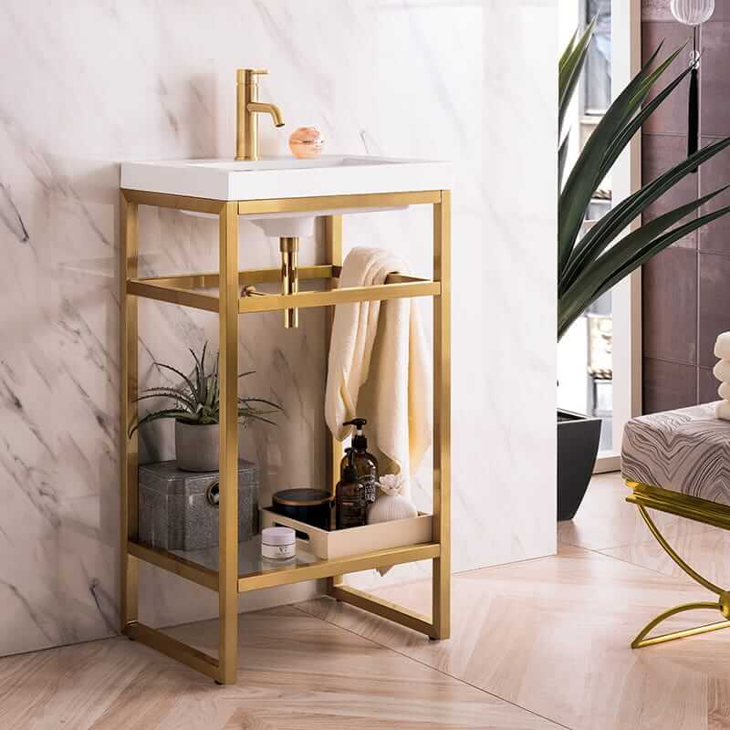 Boston 20" Single Console Vanity in Radiant Gold With White Glossy Composite Stone Top Corner View