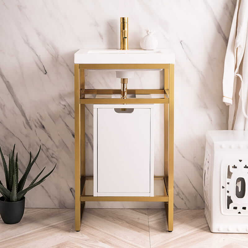 Boston 20" Single Console Vanity in Radiant Gold With White Glossy Composite Stone Top With Storage Front View