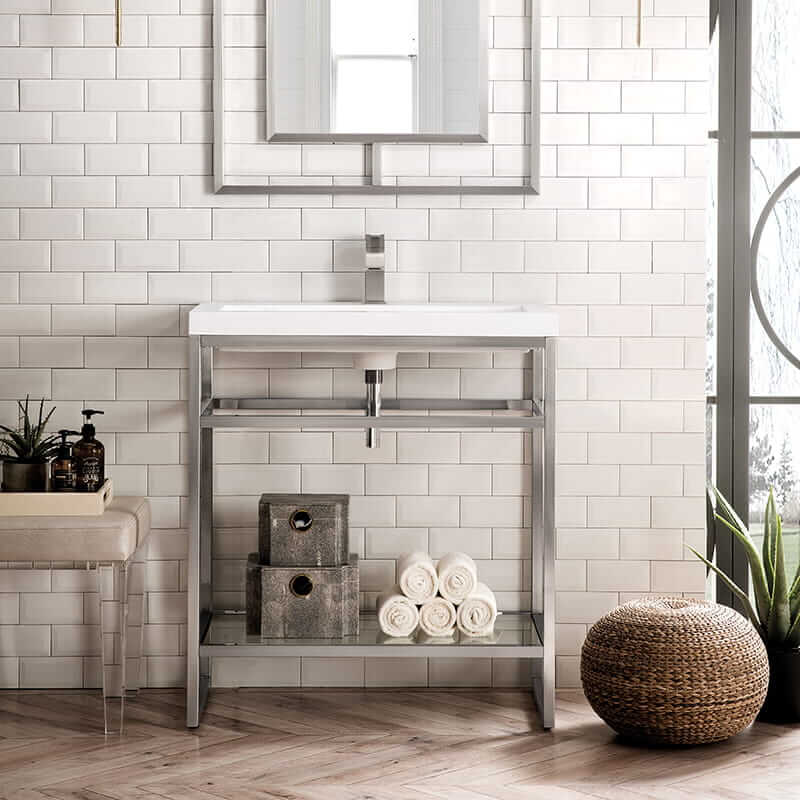 Boston 31.5 Inch Single Console Vanity in Brushed Nickel With White Glossy Composite Stone Top Front View