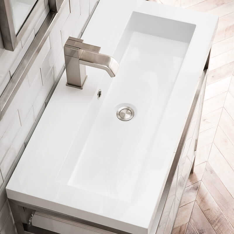 Boston 31.5 Inch Single Console Vanity in Brushed Nickel With White Glossy Composite Stone Top With Glossy White Storage Top View